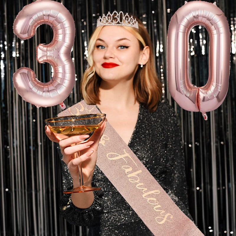 Awfrky 8pcs 30th Birthday Gifts Decorations for Her  Including 30th Happy Birthday Cake Toppers  Birthday Queen Sash with Pearl Pin  Sweet Rhinestone Tiara Crown  Number Candles and Balloons Set  Rose Gold - Image 5
